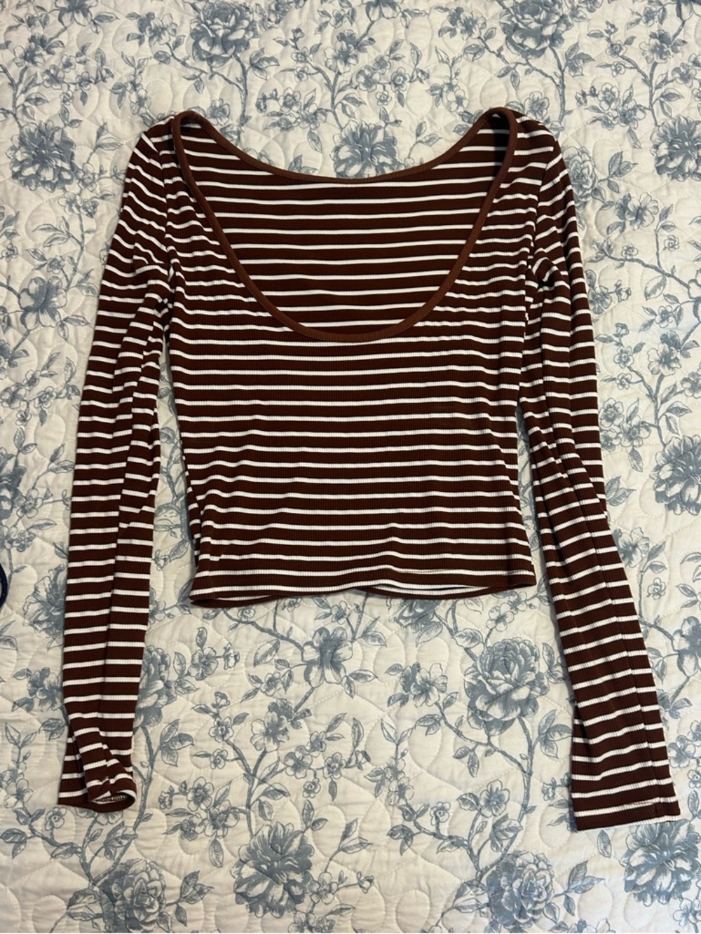 SHEIN Brown & White Striped Scoop Neck Long Sleeve Top